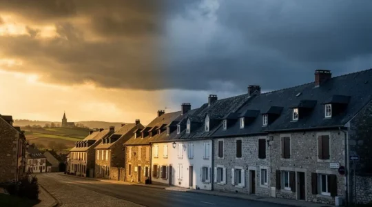 Maison de village européen à moitié éclairée par un rayon de lumière traversant des nuages d'orage, symbolisant la décision administrative qui sépare les sinistrés indemnisés de ceux qui ne le sont pas