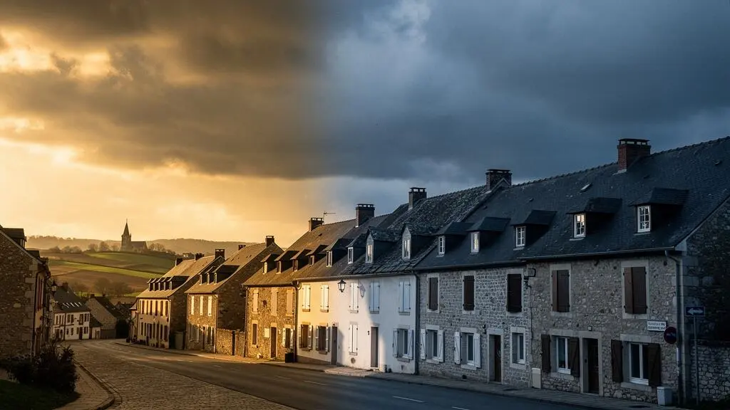 Maison de village européen à moitié éclairée par un rayon de lumière traversant des nuages d'orage, symbolisant la décision administrative qui sépare les sinistrés indemnisés de ceux qui ne le sont pas