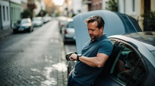 Automobiliste souriant attendant calmement l'arrivée rapide de l'assistance après une panne de batterie, sur un trottoir résidentiel