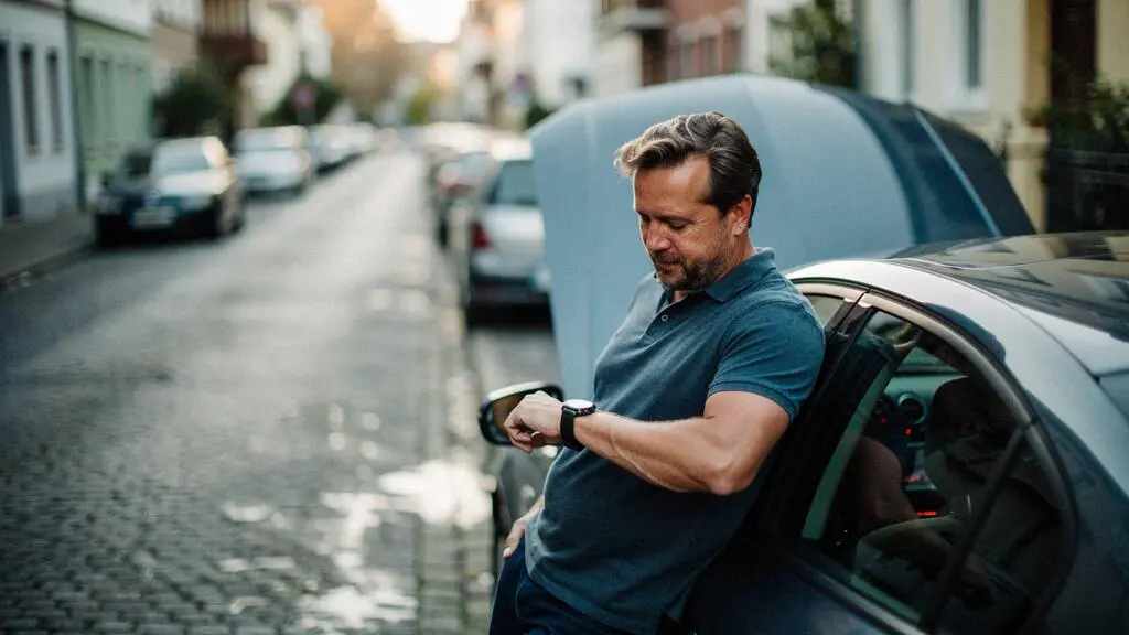 Automobiliste souriant attendant calmement l'arrivée rapide de l'assistance après une panne de batterie, sur un trottoir résidentiel