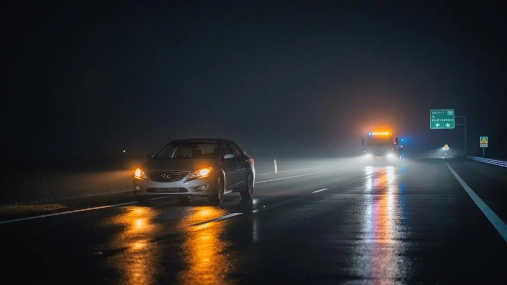 Route déserte de nuit éclairée par les gyrophares d'un véhicule d'assistance venant en aide à un automobiliste en panne