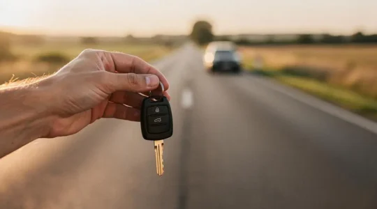 Main tenant une clé de voiture face à une route ouverte, symbolisant une assurance de courte durée flexible