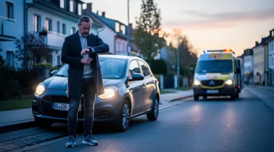 Automobiliste attendant calmement à côté de sa voiture en panne garée près de chez lui, avec un véhicule d'assistance qui arrive au loin