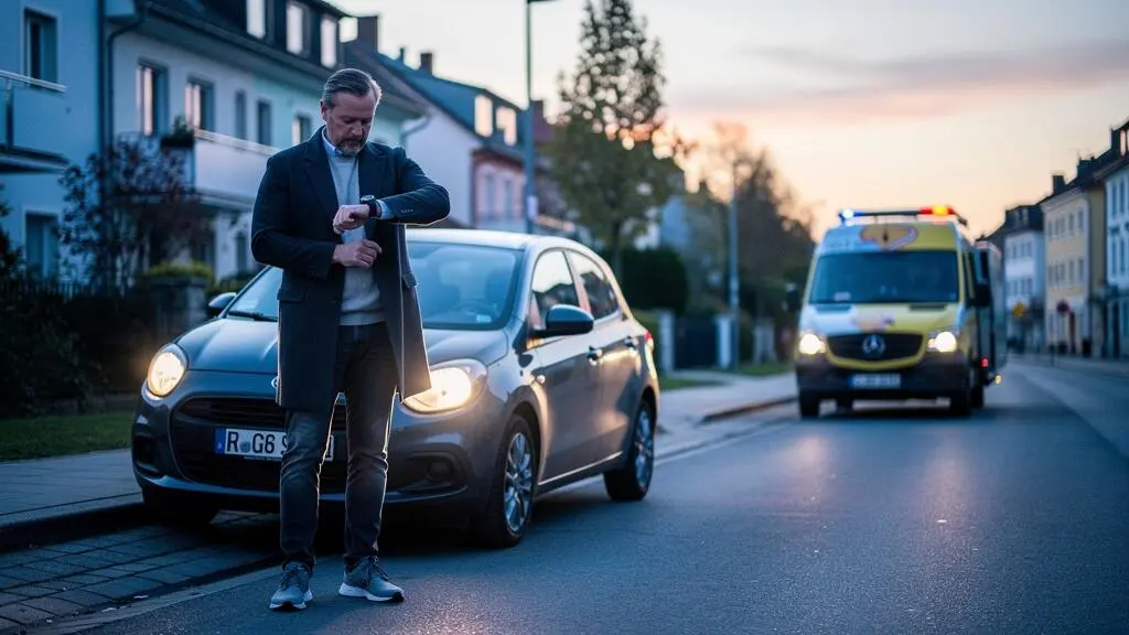 Automobiliste attendant calmement à côté de sa voiture en panne garée près de chez lui, avec un véhicule d'assistance qui arrive au loin