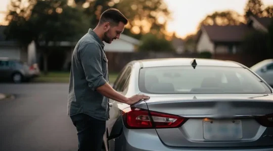 Automobiliste inspectant les dégâts sur son véhicule personnel après un sinistre non couvert