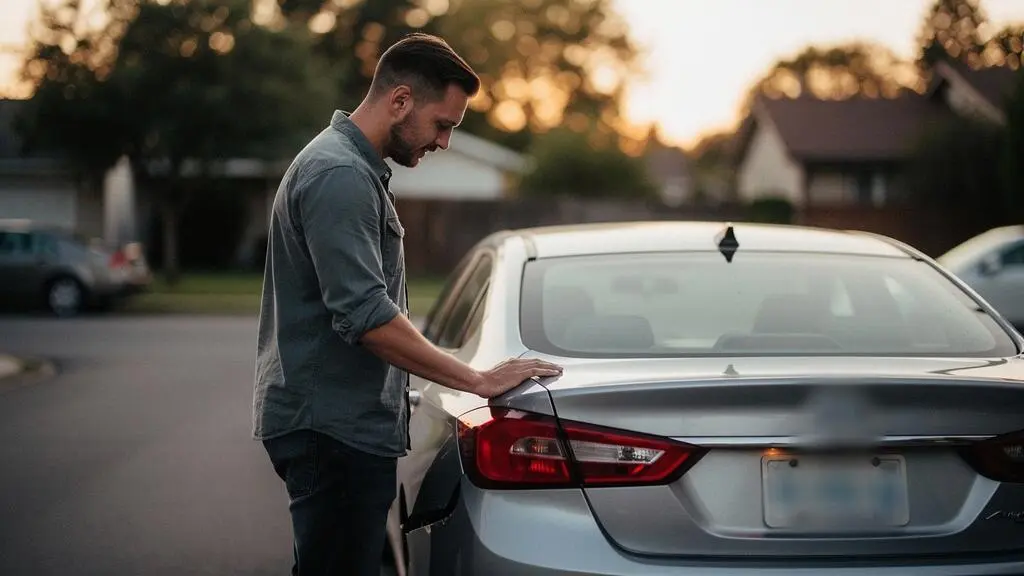 Automobiliste inspectant les dégâts sur son véhicule personnel après un sinistre non couvert