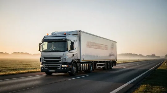 Camion 19 tonnes roulant sur une route europeenne au lever du jour, symbole de la couverture assurance poids lourd