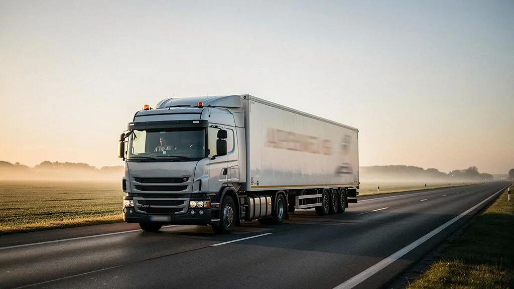 Camion 19 tonnes roulant sur une route europeenne au lever du jour, symbole de la couverture assurance poids lourd