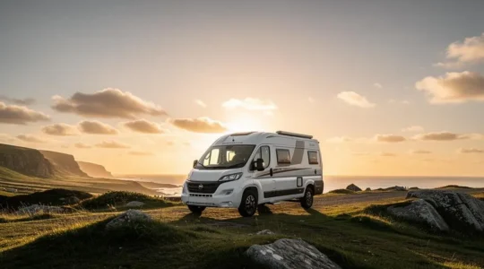 Camping-car au coucher du soleil dans un paysage naturel, symbolisant la protection d'un investissement de voyage