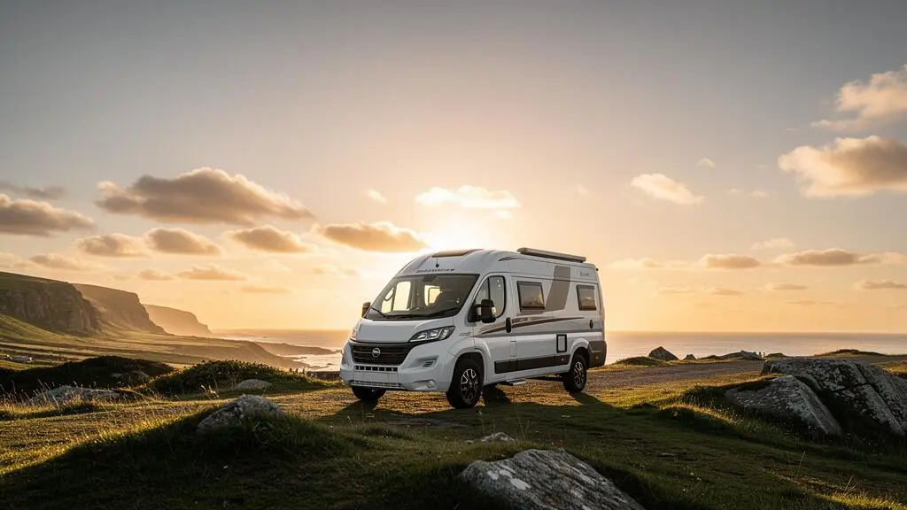 Camping-car au coucher du soleil dans un paysage naturel, symbolisant la protection d'un investissement de voyage