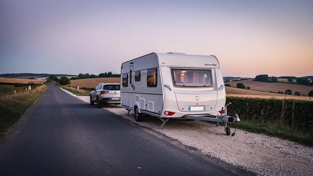 Caravane blanche à l'arrêt sur une route de campagne au crépuscule, symbolisant un vide de couverture d'assurance