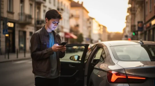 Conducteur consultant son smartphone au bord de la route pour obtenir une assurance temporaire en urgence