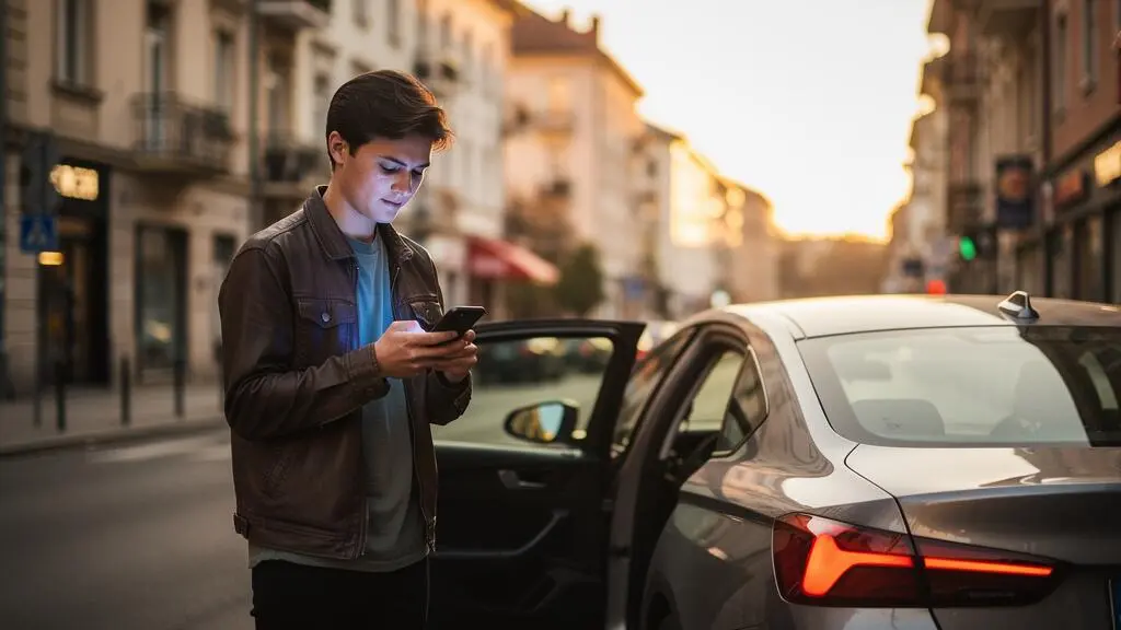 Conducteur consultant son smartphone au bord de la route pour obtenir une assurance temporaire en urgence