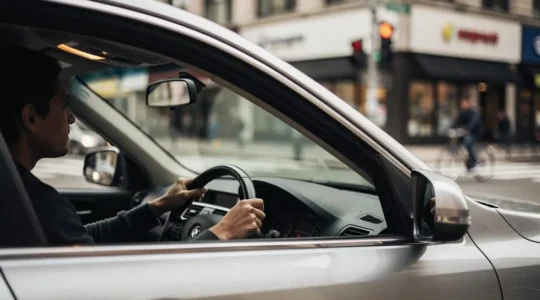 Conducteur attentif observant une intersection urbaine dense avant de s'engager prudemment