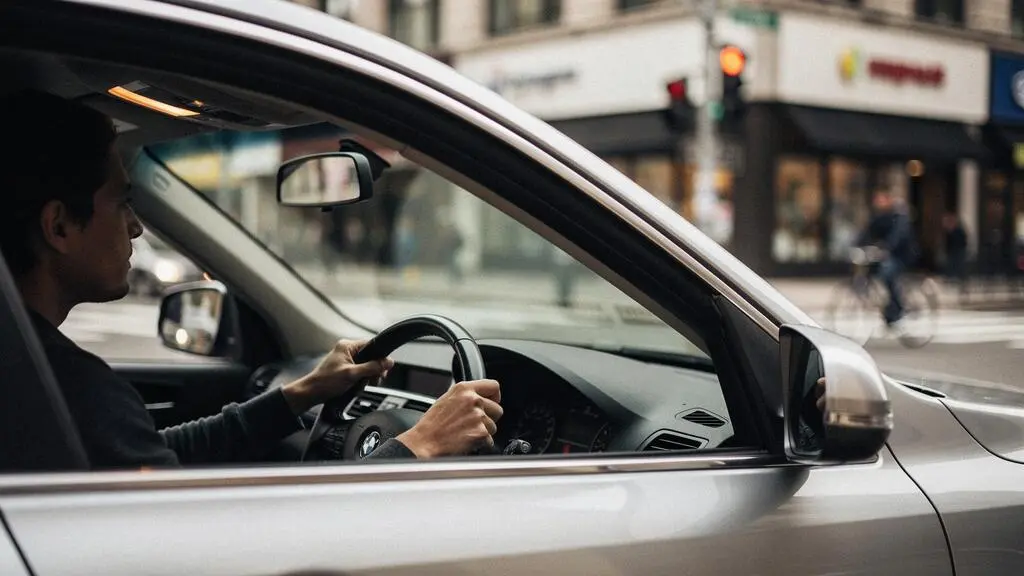 Conducteur attentif observant une intersection urbaine dense avant de s'engager prudemment