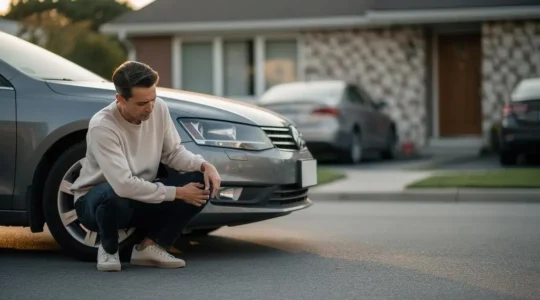 Automobiliste inspectant un pneu crevé devant sa maison au petit matin, illustrant la garantie dépannage 0 km