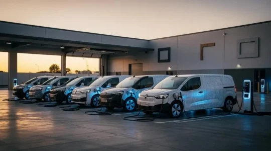 Flotte de véhicules utilitaires électriques alignés et en charge dans un dépôt d'entreprise au crépuscule