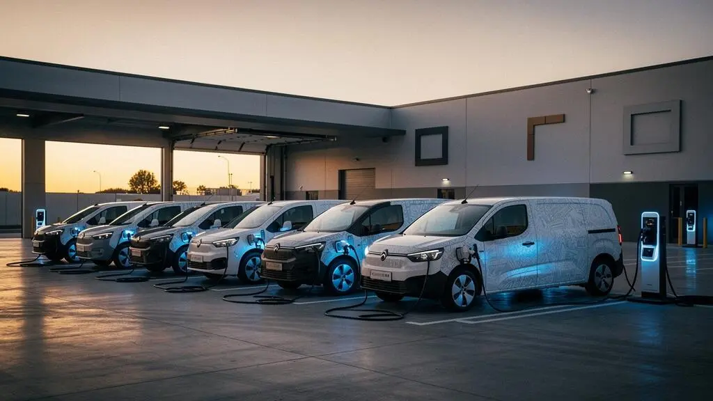 Flotte de véhicules utilitaires électriques alignés et en charge dans un dépôt d'entreprise au crépuscule