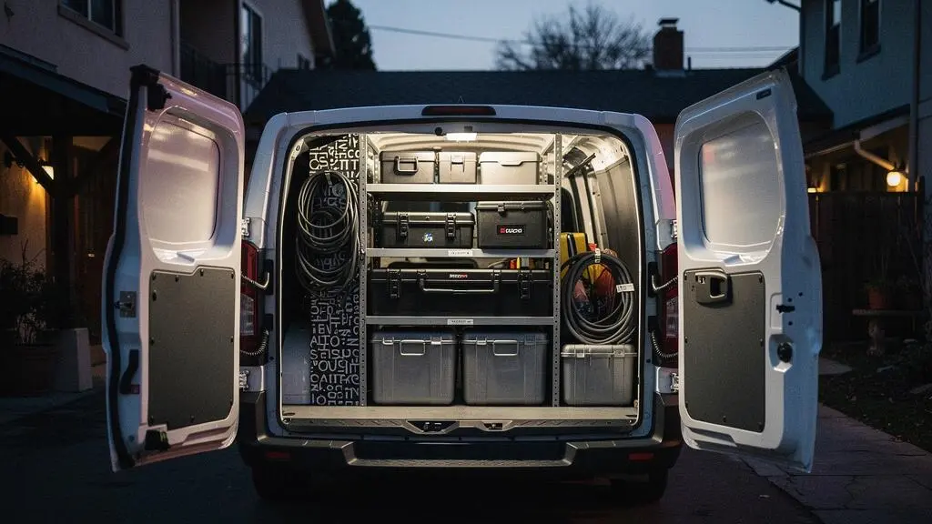 Portes arrière ouvertes d'un fourgon professionnel révélant des rangements sur-mesure et des outils soigneusement organisés, symbolisant la valeur cachée des aménagements métier