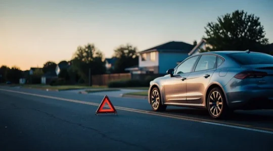 Voiture en panne sur une route périurbaine avec une maison floue en arrière-plan illustrant la notion de distance d'assistance