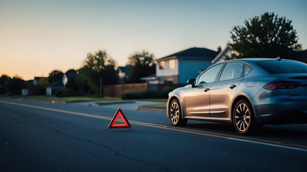 Voiture en panne sur une route périurbaine avec une maison floue en arrière-plan illustrant la notion de distance d'assistance