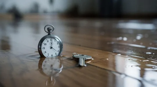 Maison inondée avec une horloge submergée symbolisant l'urgence du remboursement après une catastrophe naturelle