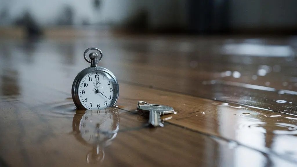 Maison inondée avec une horloge submergée symbolisant l'urgence du remboursement après une catastrophe naturelle