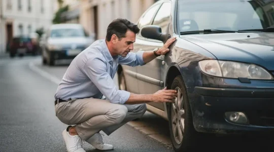 Un acheteur examine attentivement une voiture d'occasion avant de souscrire une assurance auto