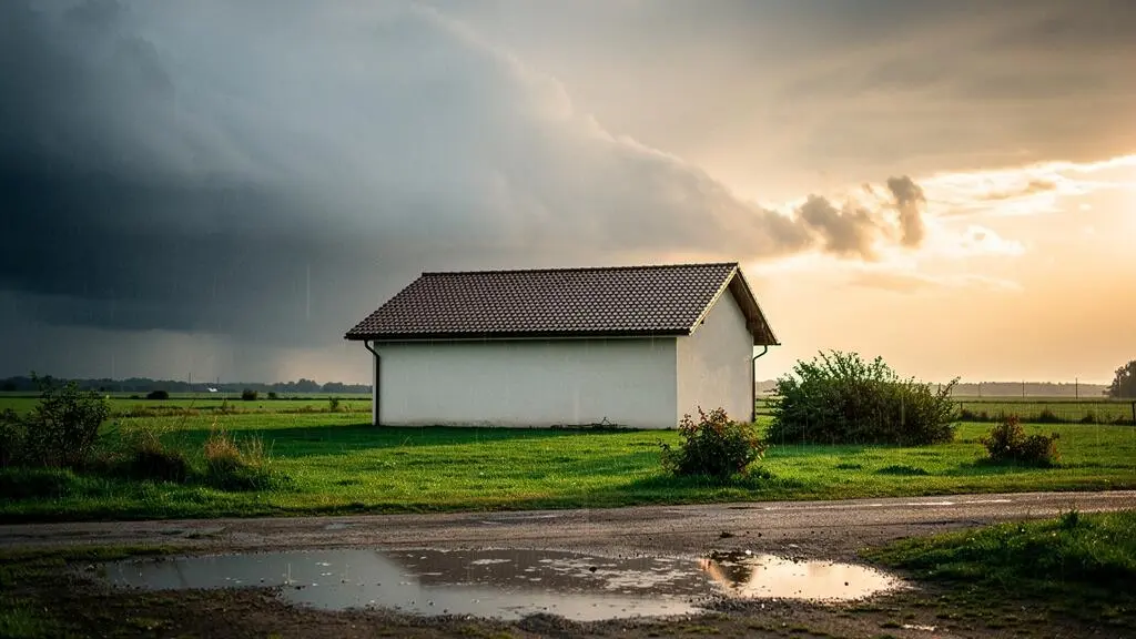 Maison individuelle au toit de tuiles résistant sous un ciel d'orage qui s'éloigne, symbolisant la protection face aux événements climatiques exceptionnels