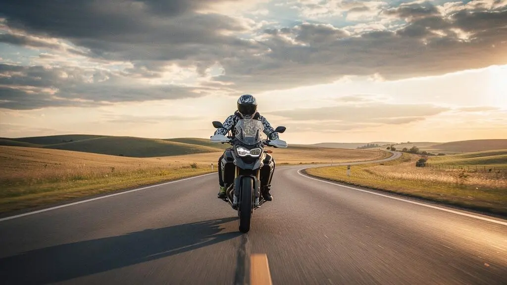Motard équipé roulant seul sur une route ouverte au crépuscule, symbolisant la vulnérabilité et la nécessité d'une protection corporelle renforcée