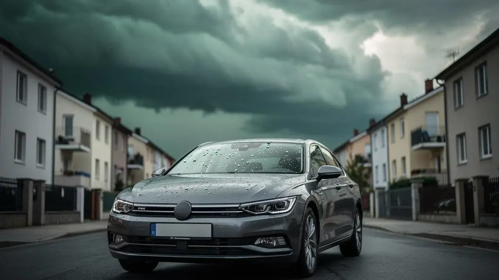 Voiture stationnée dans une rue sous un ciel orageux annonçant une chute de grêle intense