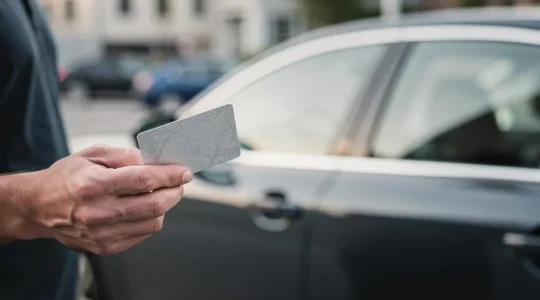 Main tenant un permis de conduire au format carte devant un vehicule, symbolisant la verification par un assureur