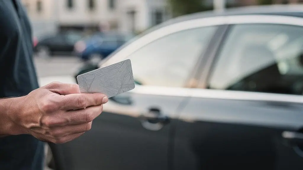 Main tenant un permis de conduire au format carte devant un vehicule, symbolisant la verification par un assureur