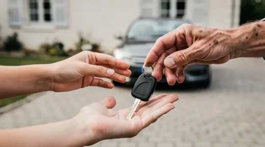 Trois personnes partageant symboliquement les clés d'une même voiture, illustrant l'option prêt de volant en assurance auto