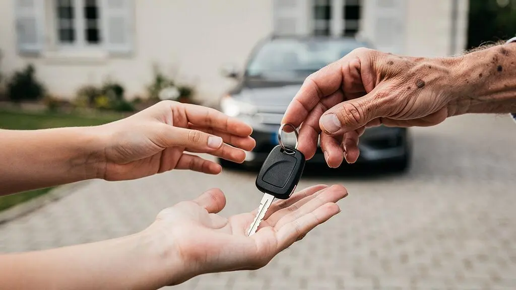 Trois personnes partageant symboliquement les clés d'une même voiture, illustrant l'option prêt de volant en assurance auto