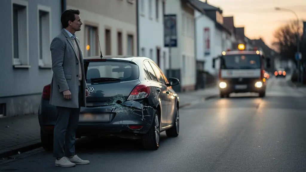 Personne debout devant sa voiture accidentée dans une rue, réfléchissant à sa solution de mobilité temporaire