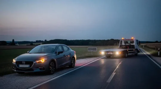 Voiture en panne sur le bord d'une route de campagne française avec une dépanneuse arrivant au crépuscule, illustrant le coût du remorquage