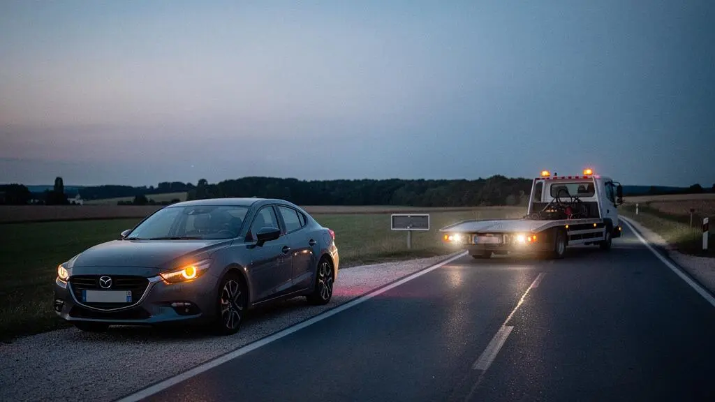 Voiture en panne sur le bord d'une route de campagne française avec une dépanneuse arrivant au crépuscule, illustrant le coût du remorquage
