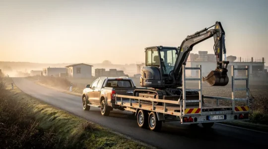 Remorque porte-engin chargée d'une mini-pelle, attelée à un véhicule utilitaire sur une aire de chantier au lever du jour, illustrant la question de la protection assurantielle du matériel tracté
