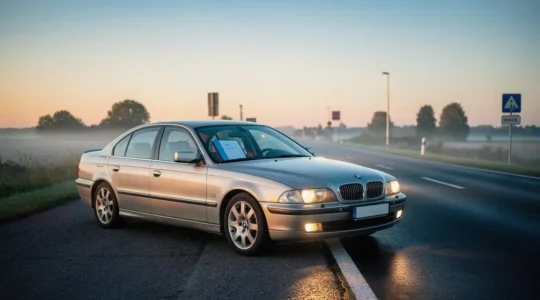 Voiture récemment importée stationnée à la frontière franco-allemande, symbolisant la période de transition avant l'obtention de la carte grise française