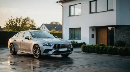 Voiture neuve garee devant une maison au lever du jour, symbole de la protection de sa valeur d'achat pendant les deux premieres annees