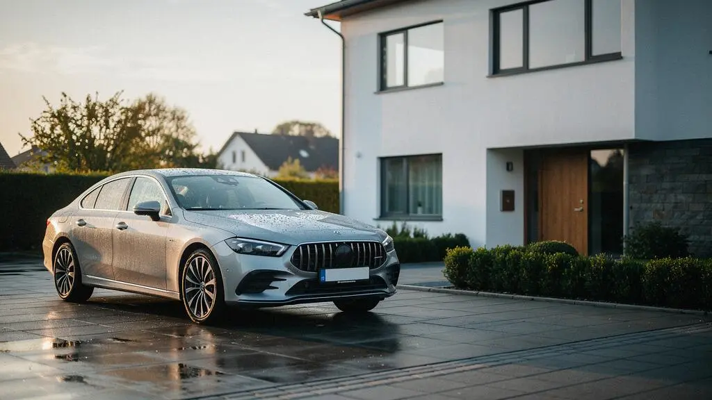Voiture neuve garee devant une maison au lever du jour, symbole de la protection de sa valeur d'achat pendant les deux premieres annees