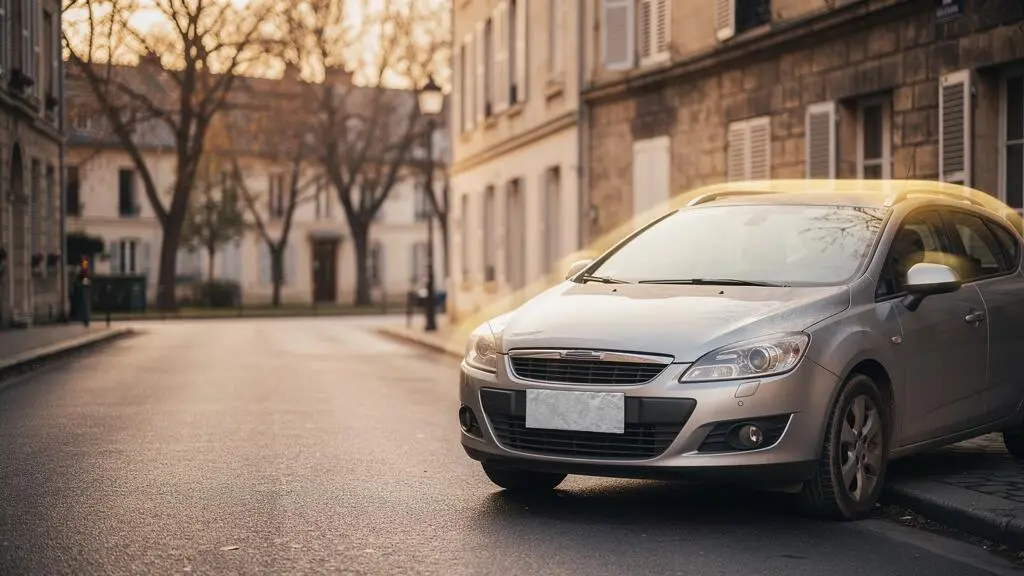 Voiture familiale de 8 ans stationnée dans une rue résidentielle, symbolisant la protection apportée par une assurance tiers plus