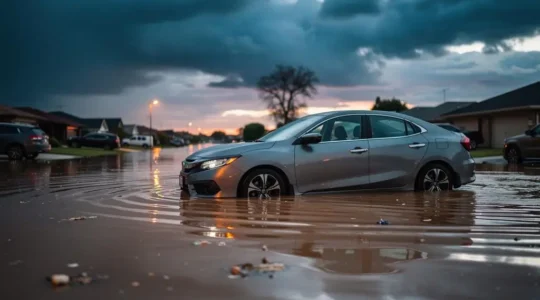 Voiture partiellement submergee par une inondation dans une rue au crepuscule, symbole du risque de perte totale du vehicule