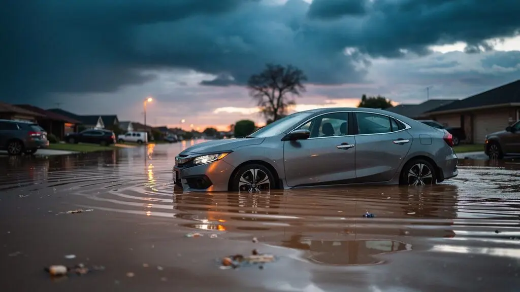 Voiture partiellement submergee par une inondation dans une rue au crepuscule, symbole du risque de perte totale du vehicule