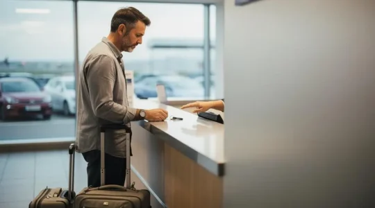Voyageur hésitant face à un agent de location de voiture, symbolisant les clauses cachées d'assurance