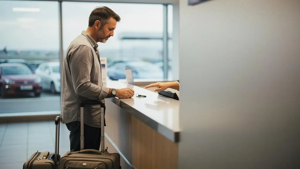 Voyageur hésitant face à un agent de location de voiture, symbolisant les clauses cachées d'assurance